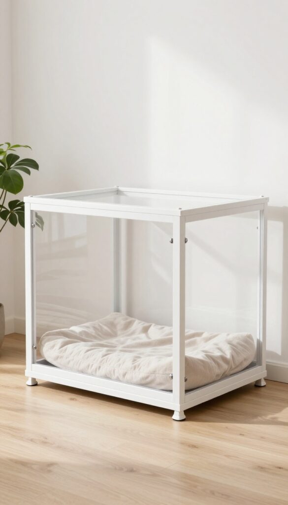 Minimalist white dog crate with acrylic panels in a bright, uncluttered room