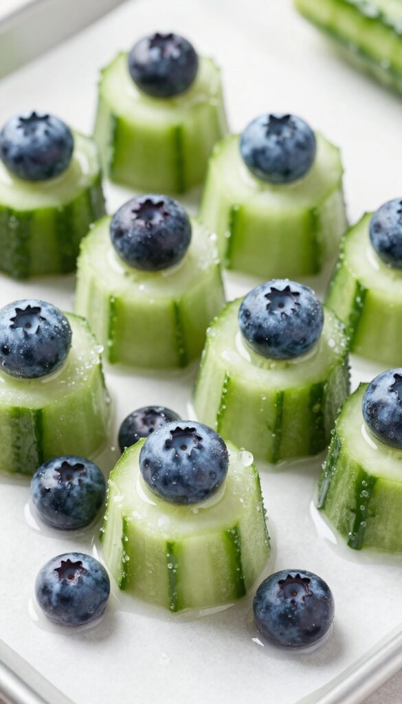 Frozen cucumber rounds filled with blueberries and coconut water on a baking sheet, homemade dog treat