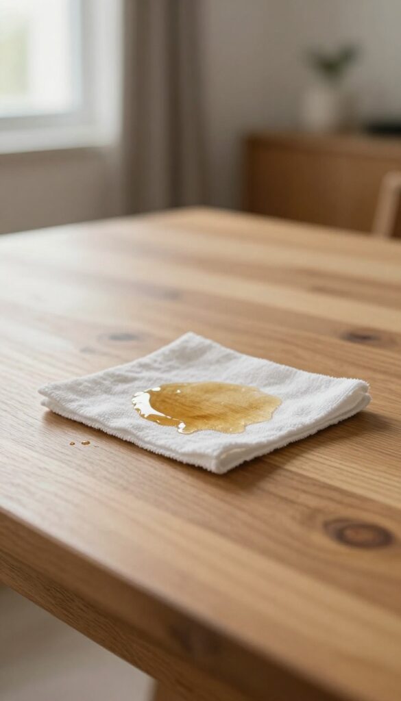 Applying coconut oil to wood furniture with a cloth, warm lighting, cozy home interior.