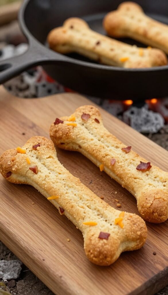 Homemade campfire bacon and cheese dog biscuits in a cast iron skillet over campfire coals.