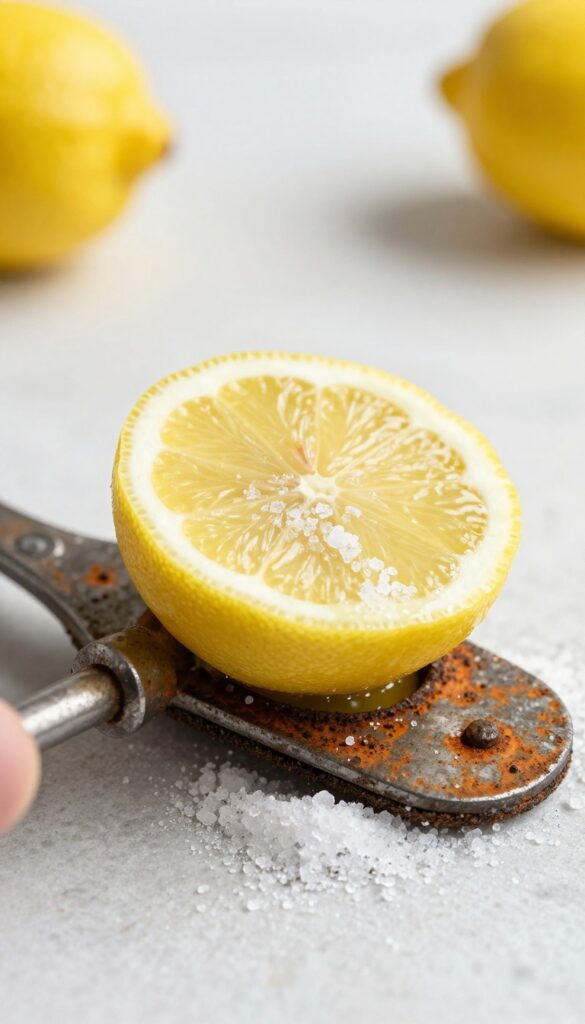 Close-up of a lemon and salt scrub on a rusty metal tool