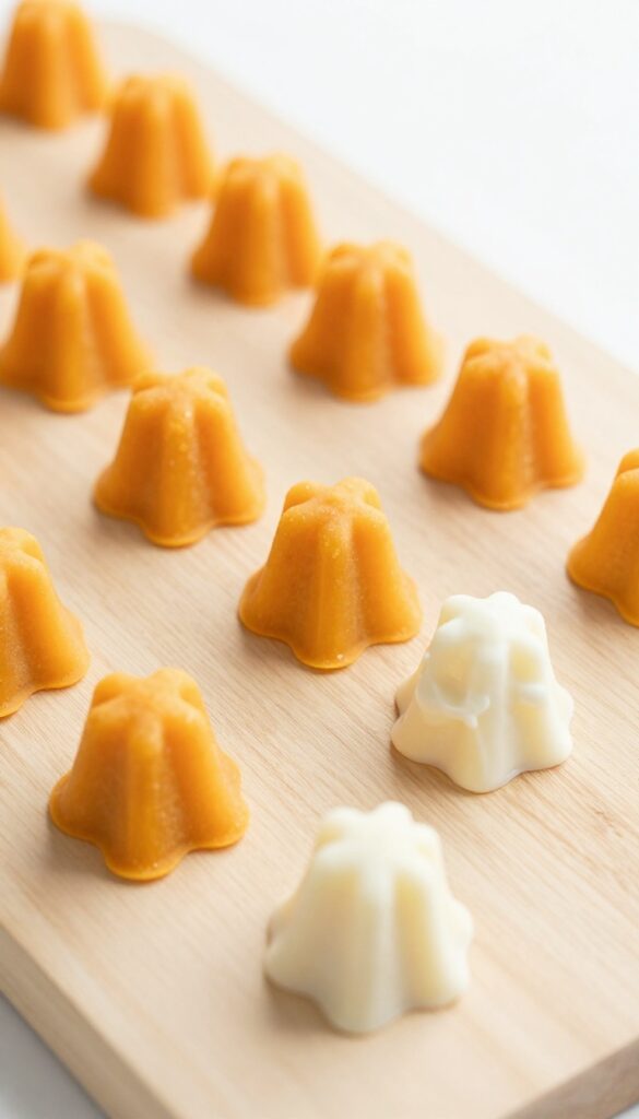 Frozen butternut squash and yogurt dog treats in silicone molds, homemade frozen dog pops, photorealistic pet food photography.