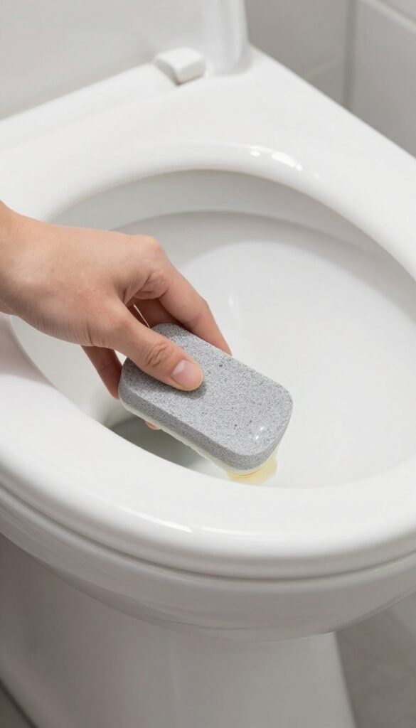 Hand using a wet pumice stone to remove a toilet ring stain in a clean white toilet bowl