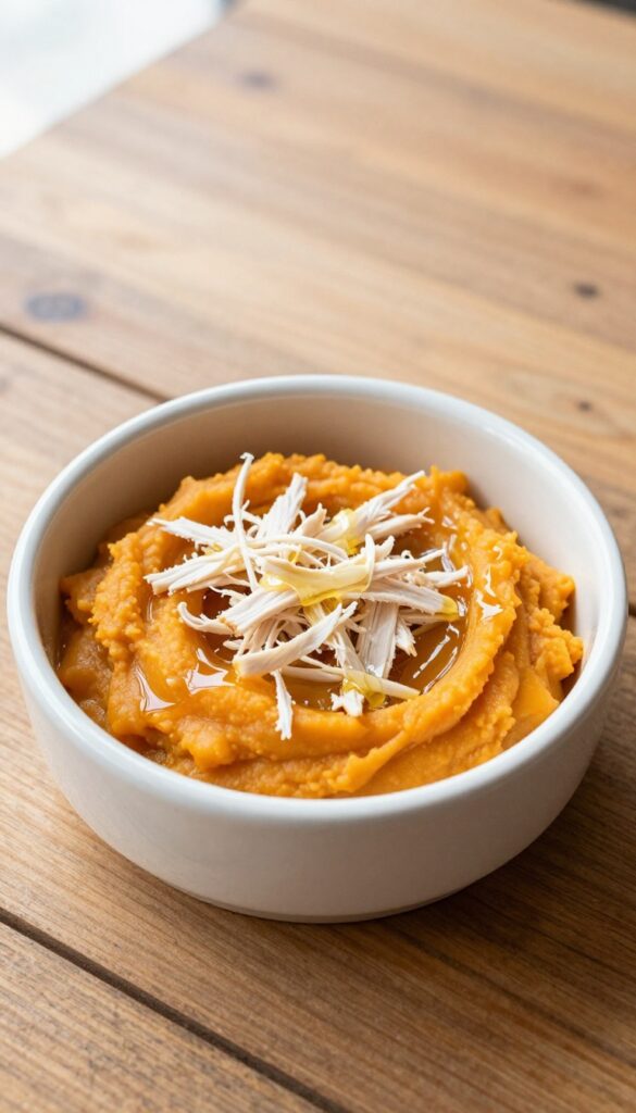 Homemade sweet potato and chicken mash for dogs in a bowl