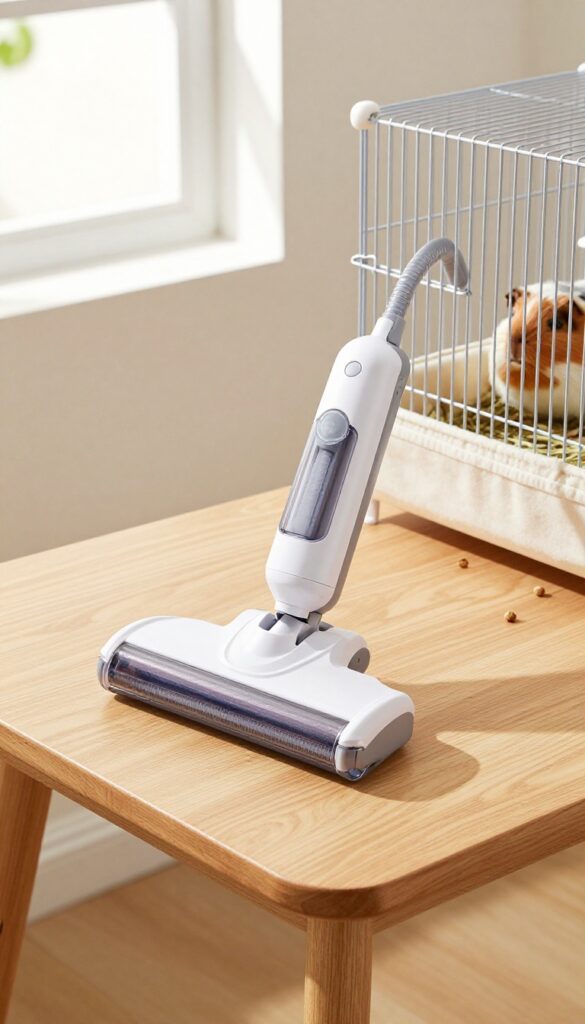 A handheld vacuum cleaner placed beside a guinea pig cage with hay and pellets on the cage floor, ready for quick spot cleaning.