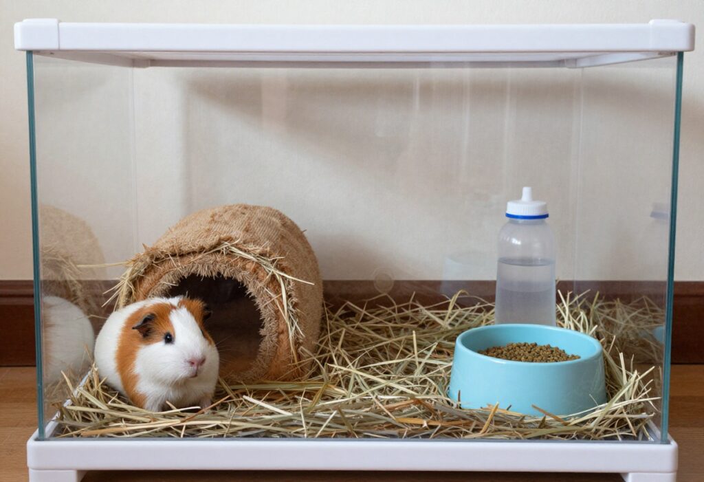 Guinea pigs in a DIY habitat made from household items