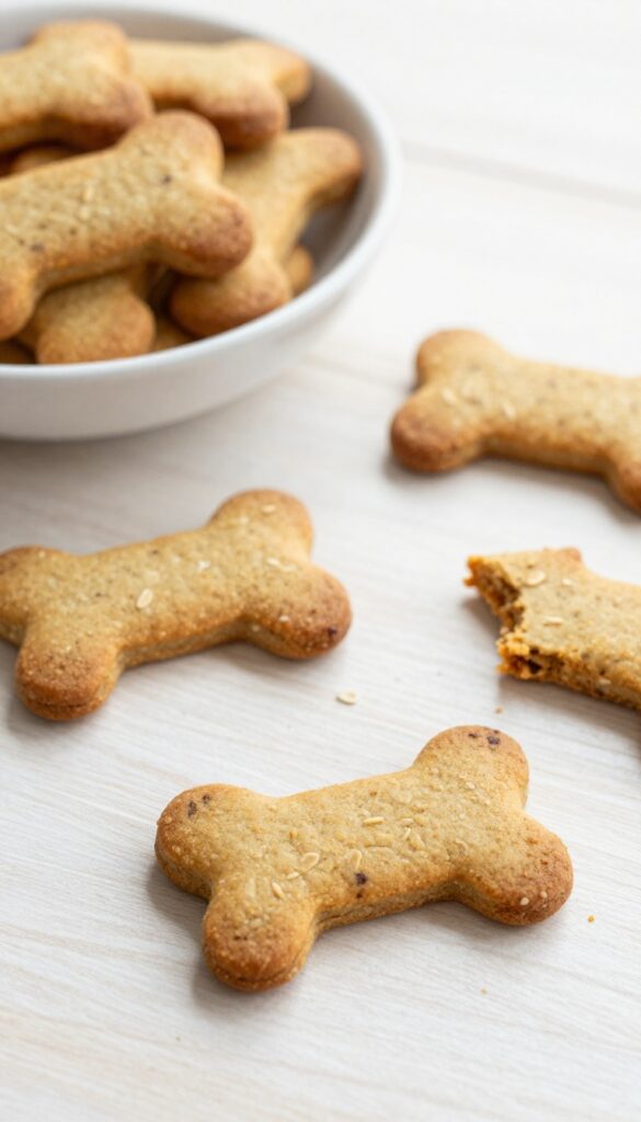 Homemade heart and sweet potato dog biscuits shaped like hearts, baked golden brown on a wooden surface.
