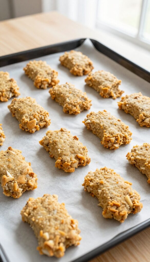 Homemade chicken and rice dog treats baked into small golden patties on a parchment-lined baking sheet, natural lighting.