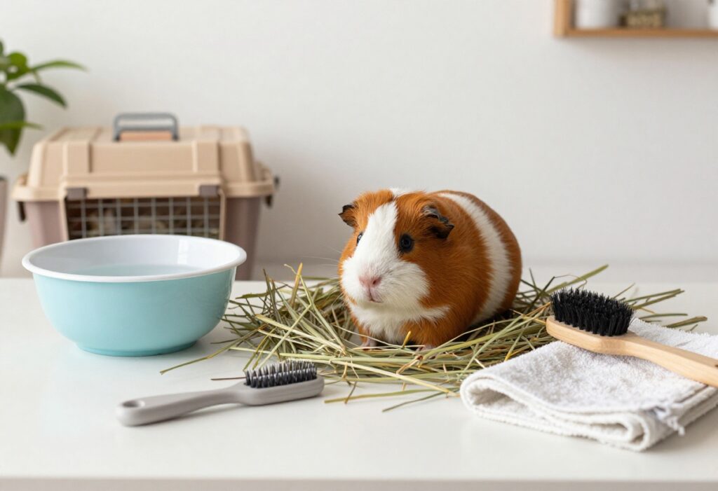 Guinea pig with fresh vegetables and fruits