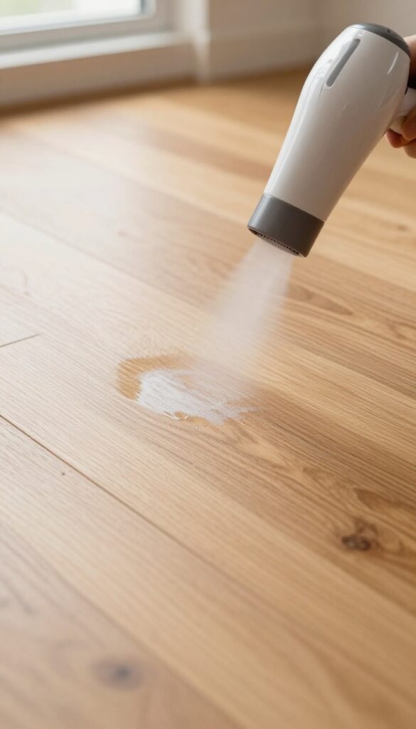 Hairdryer removing water ring stain on hardwood floor