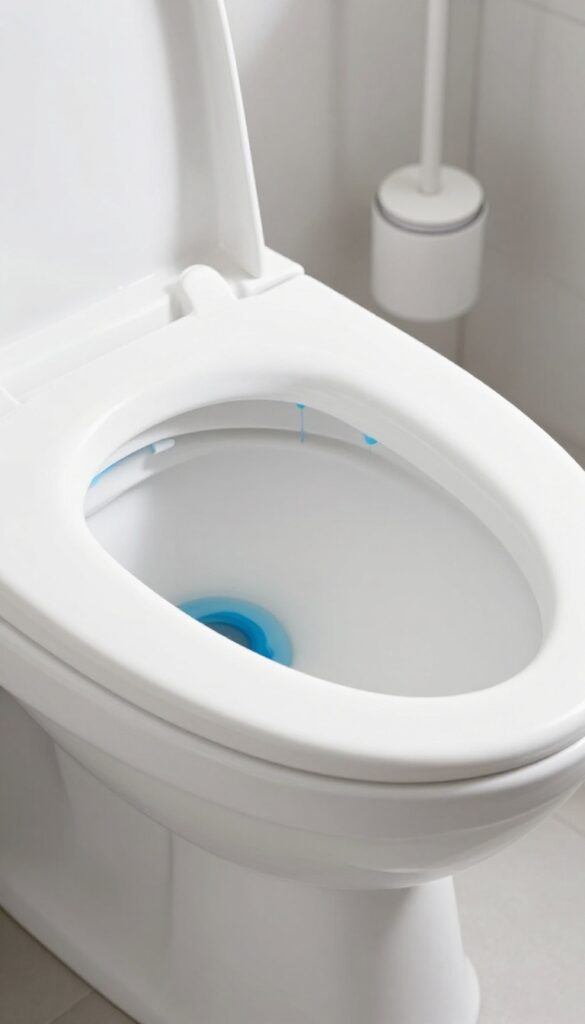 Toilet bowl with blue gel cleaner soaking under the rim and on a stain, bright natural light, photorealistic bathroom scene.