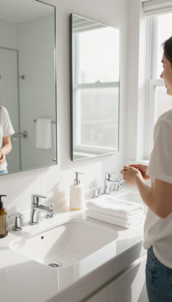 A person doing a final walk-through of a clean, bright bathroom, checking for any missed spots or streaks.