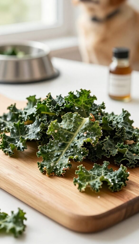 Homemade dog-safe kale and coconut chips, crispy and arranged on a wooden board, with a dog bowl and coconut oil in the background.