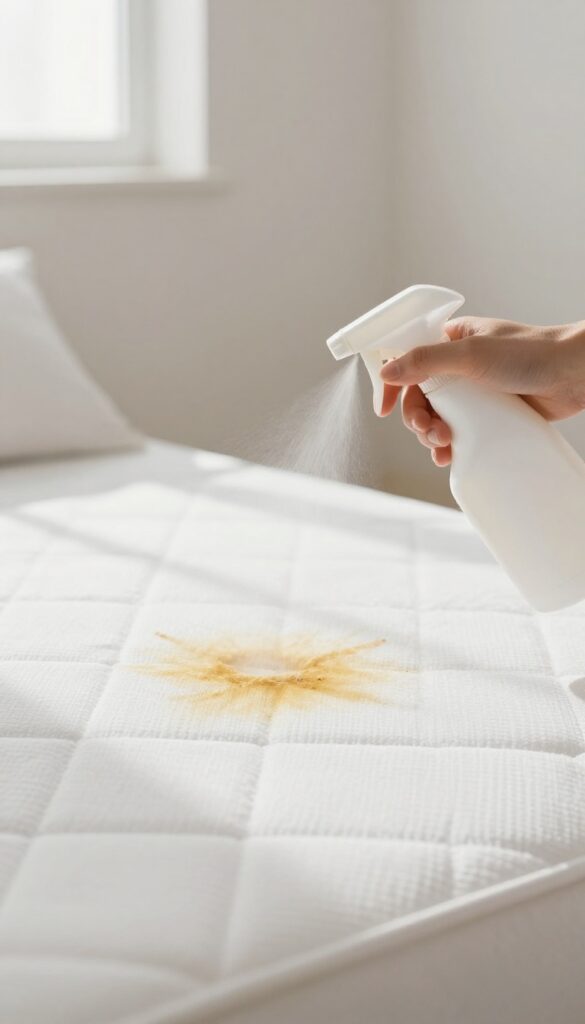 Applying enzymatic cleaner to a dried urine stain on a mattress