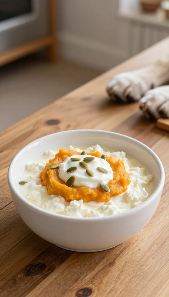 Cottage cheese and pumpkin puree dog food topper in a white bowl on a wooden table, with a dog's paw nearby.