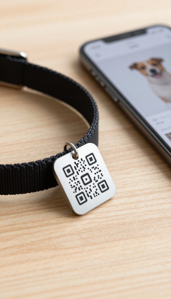 Dog collar with QR code tag and smartphone displaying digital profile