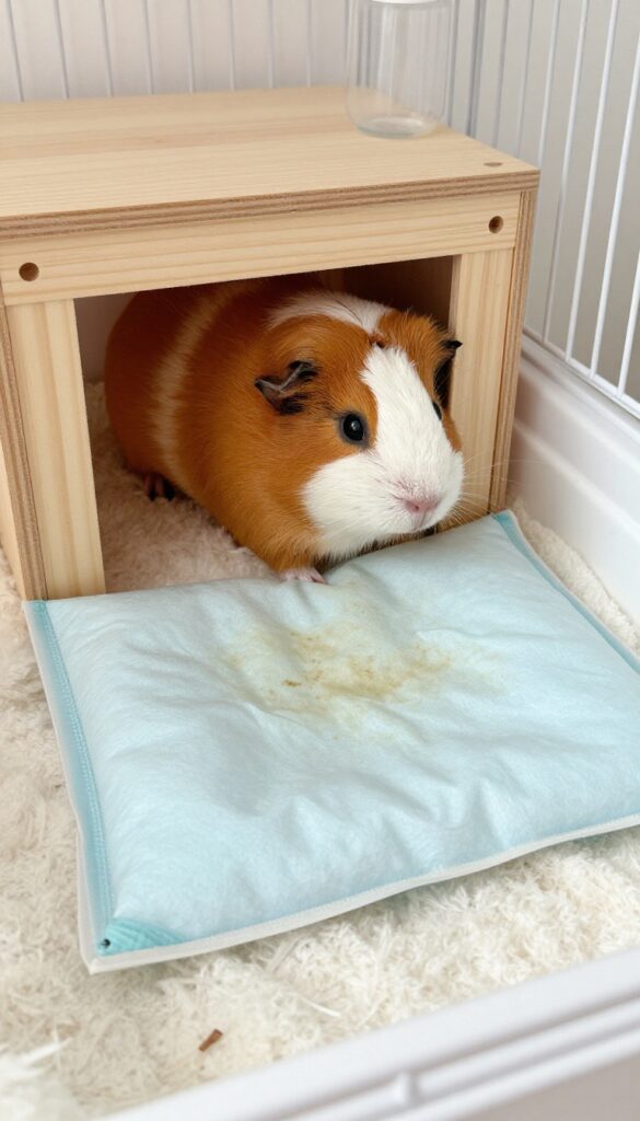 Guinea pig cage with extra liner pad under hideout and water bottle area