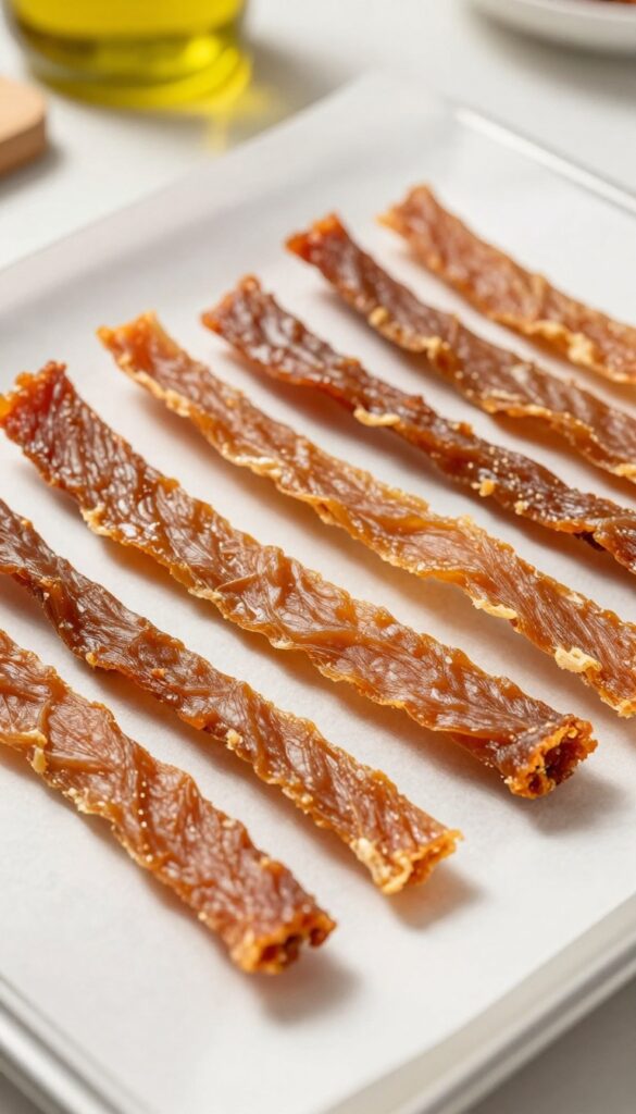 Homemade chicken jerky strips for dogs, baked on a parchment-lined baking sheet, golden brown and chewy texture, bright natural lighting, clean kitchen background.