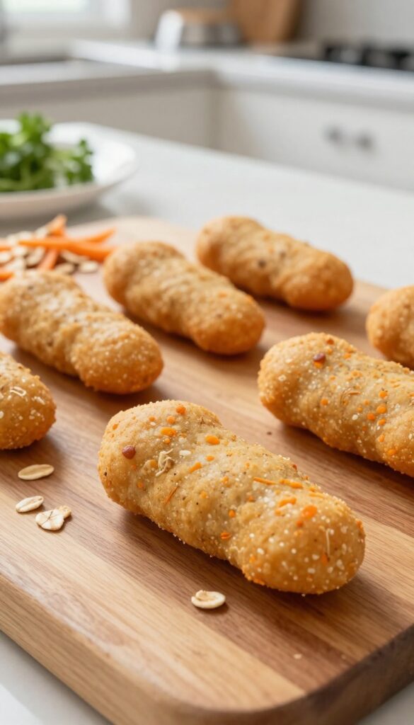 Homemade bison and carrot dog patties arranged on a wooden platter, garnished with oats and shredded carrot, in bright natural light.