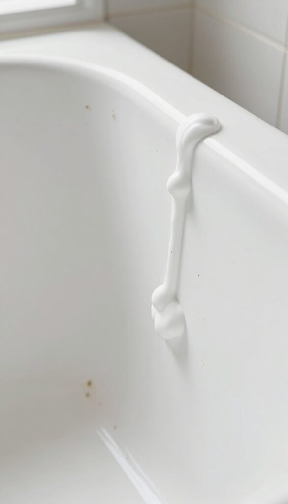 Applying bleach gel to mildew stains on bathtub caulk and grout