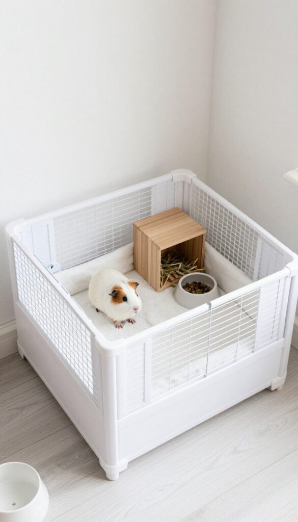 Modular C&C guinea pig cage with storage grids in a bright corner