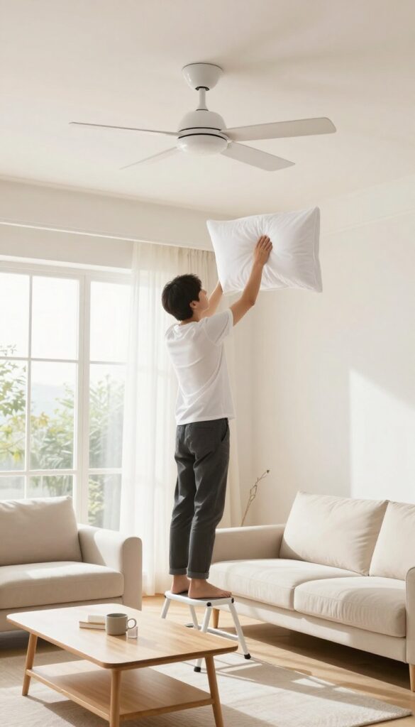 Person dusting ceiling fan blade with a pillowcase in a bright living room