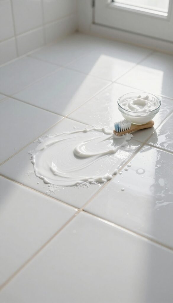 Applying a homemade grout cleaning paste with a toothbrush on dirty bathroom grout lines.