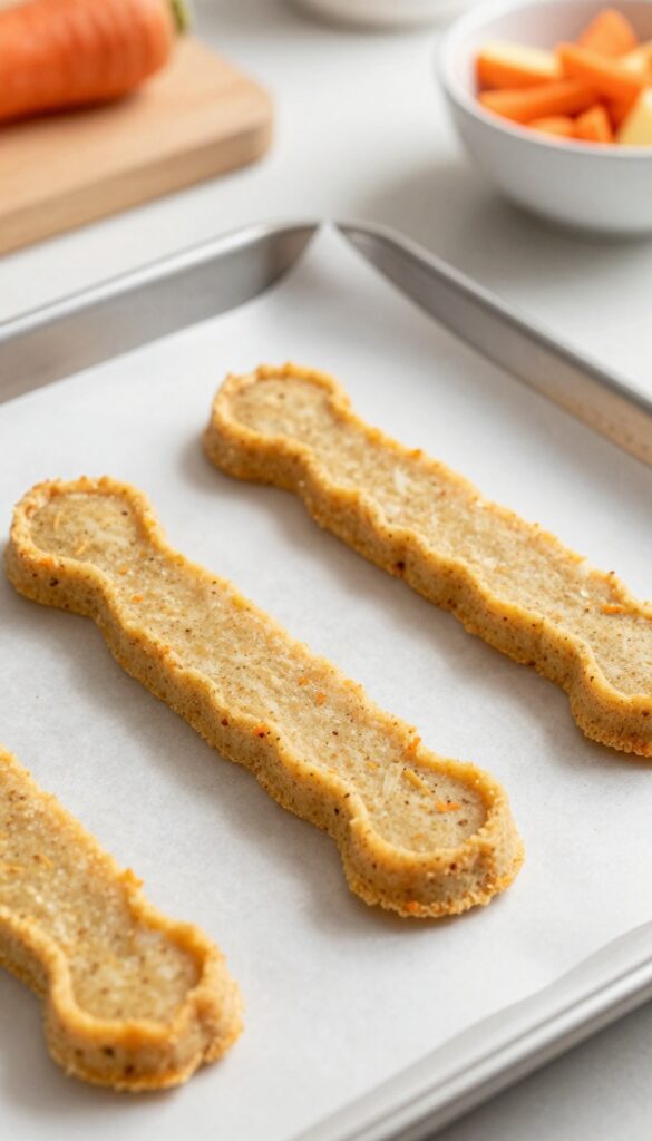 Homemade soft dog treats shaped as sticks with visible grated carrot and apple, baked on parchment paper, crumb-free texture.