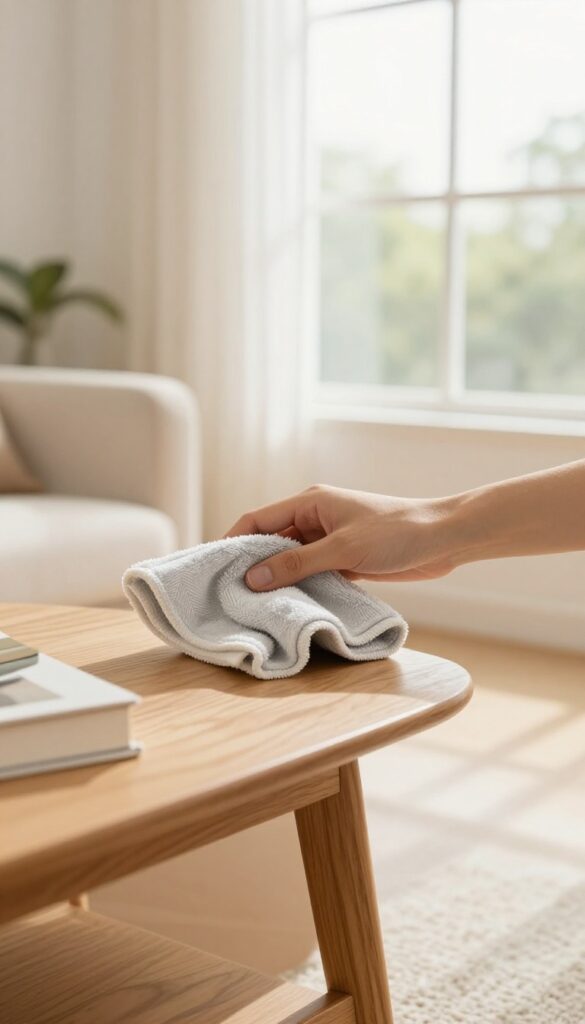 Person dusting a bookshelf with a microfiber cloth in a sunlit living room