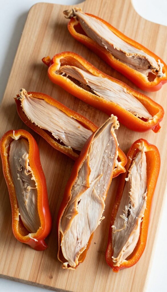 Homemade bell pepper and chicken jerky strips for dogs, dehydrated and arranged on a wooden board.