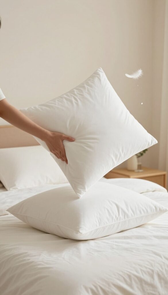 Person fluffing a white pillow by hand in a bright, cozy bedroom