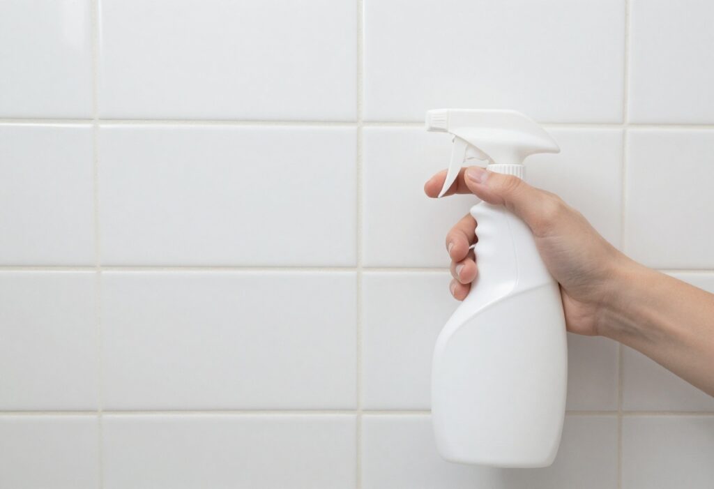 Clean white bathroom tiles with bright grout lines and cleaning supplies in background