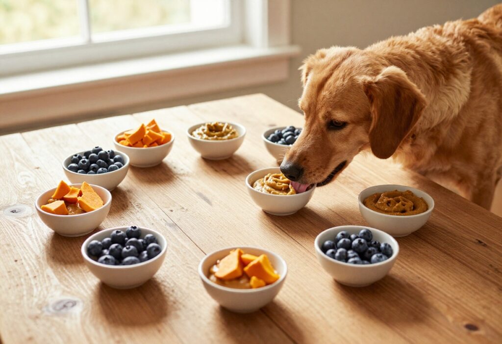 Homemade dog food pastes in bowls arranged on a table with a dog licking one bowl.