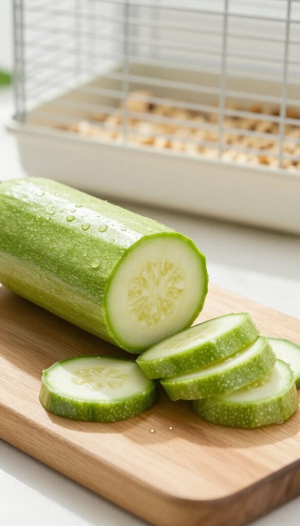 Fresh zucchini on a cutting board with slices, bright natural light, pet-friendly setting