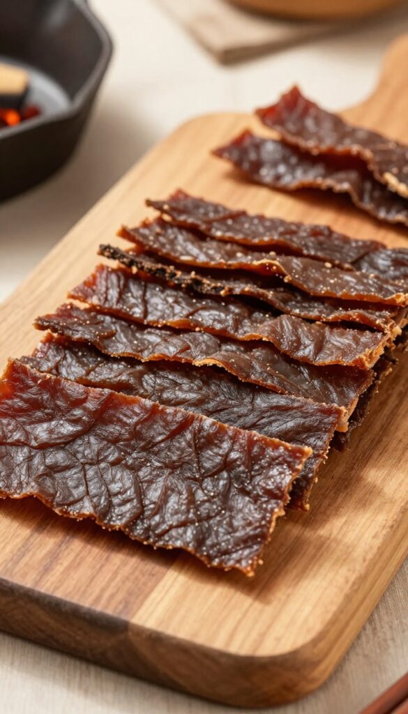 Homemade beef liver jerky strips for dogs, arranged on a wooden cutting board with a cast iron skillet in the background, campfire lighting.