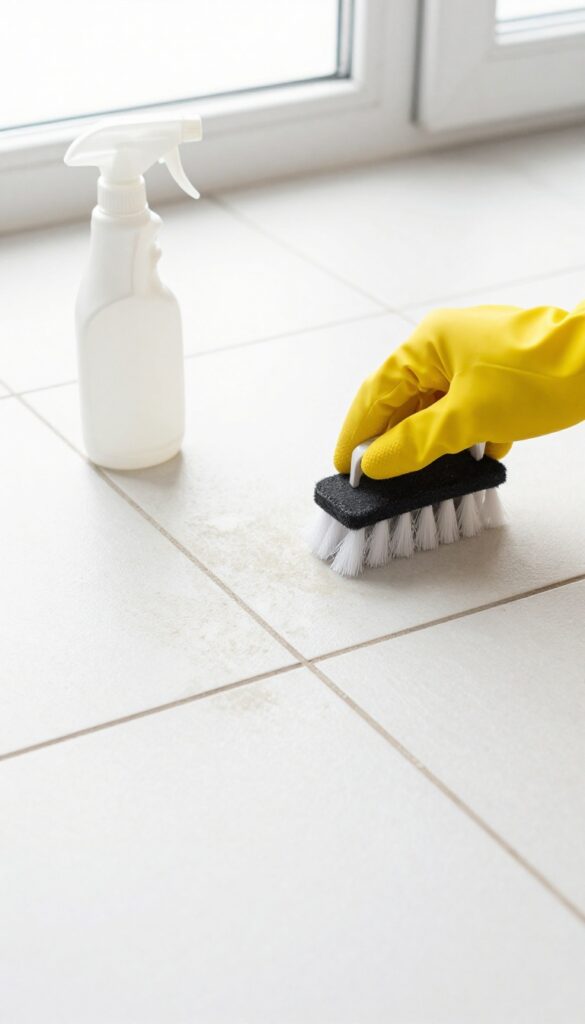 Hand applying commercial grout cleaner to tile grout lines with a brush, showing clean and dirty sections.