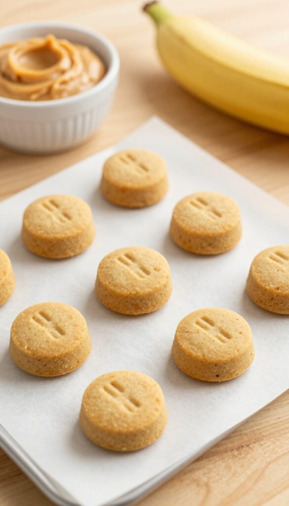 Homemade grain-free peanut butter and banana dog treats on a baking sheet with peanut butter and banana nearby.