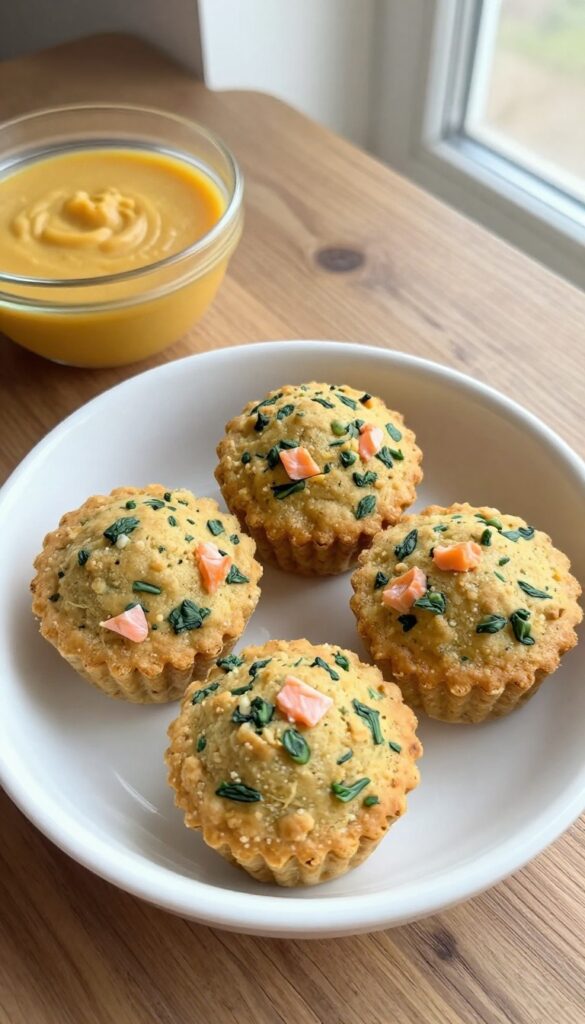 Homemade salmon and spinach dog food cups portioned in a bowl, with pumpkin puree on the side, on a wooden table.