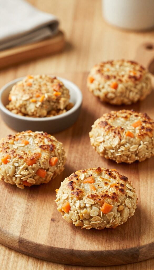 Three homemade turkey and oatmeal dog burger patties on a wooden table, one crumbled over kibble in a bowl, warm natural lighting.
