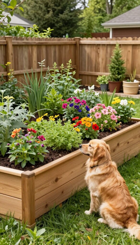Raised garden bed fence border with flowers and herbs, dog sitting nearby