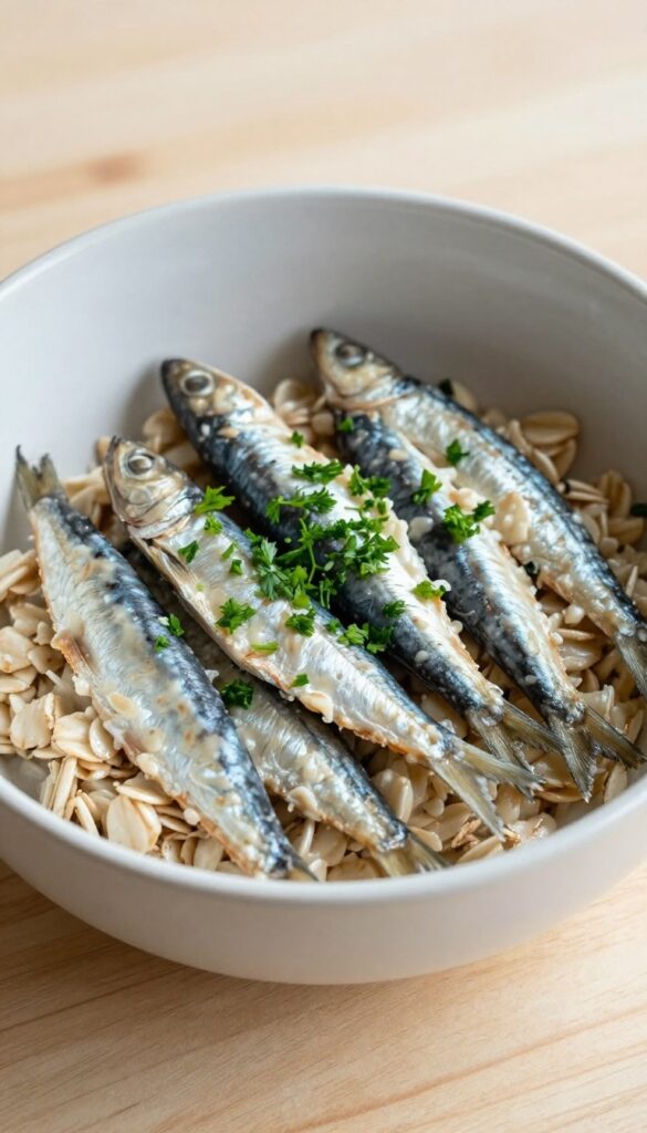 Dog breakfast bowl with sardines and oats topped with parsley