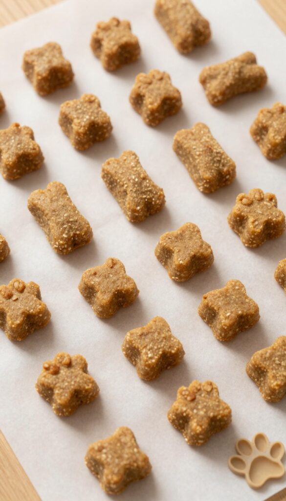 Homemade apple and millet soft chew dog treats in a parchment-lined dish, cut into small squares, with a few scattered on a wooden surface.
