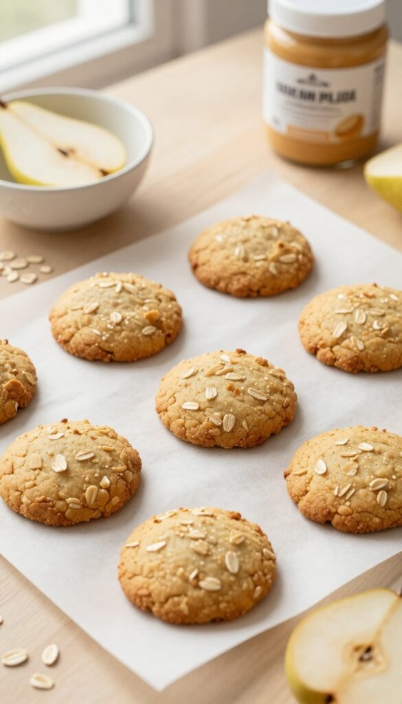 Homemade pear and oatmeal dog cookies baked on a parchment-lined sheet, with a bowl of mashed pear and scattered oats nearby.