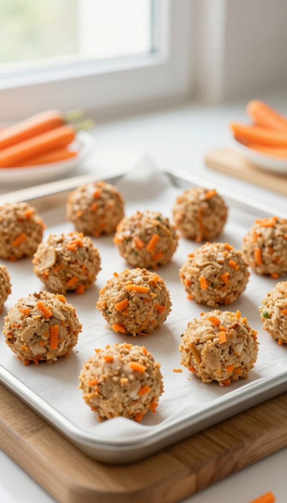 Homemade chicken and carrot mini meatballs for dogs, baked on a parchment-lined sheet, with visible carrot pieces.