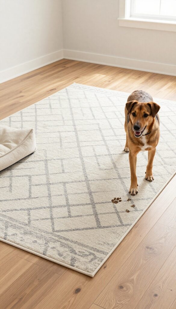 Washable rug and luxury vinyl plank flooring in a dog-friendly living room with a dog leaving muddy paw prints