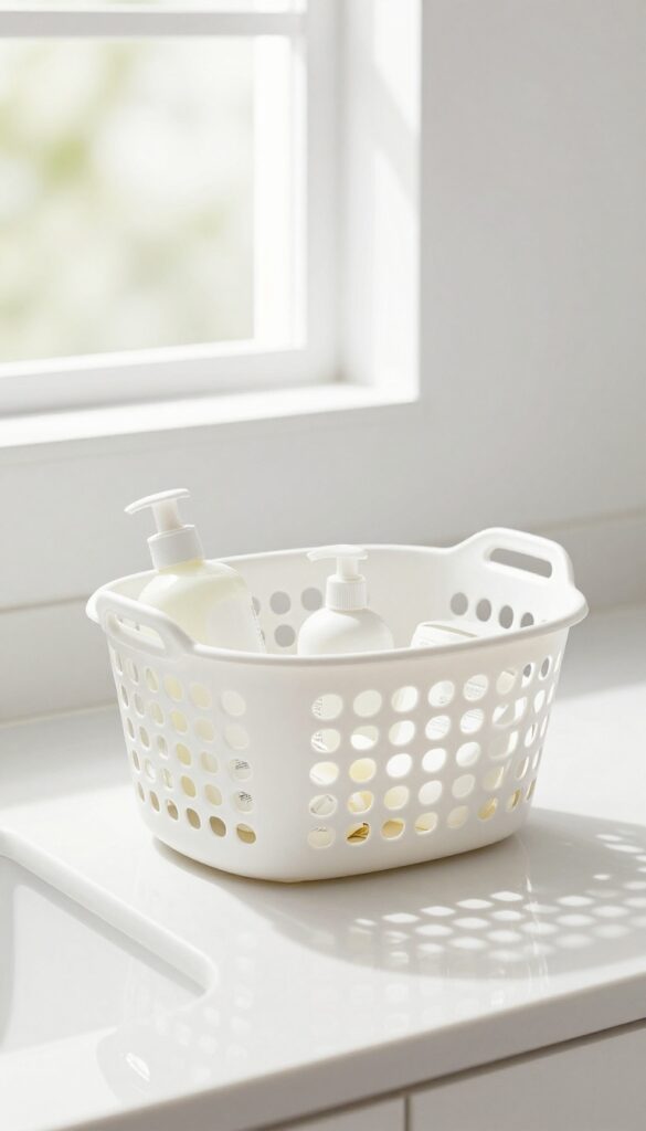 Empty bathroom counter with a laundry basket full of toiletries, ready for cleaning.