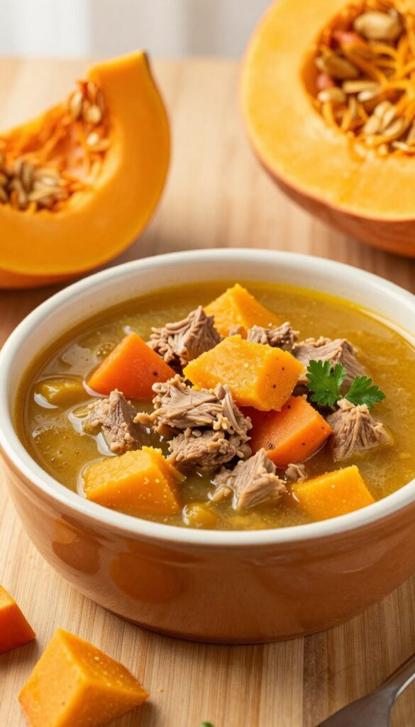 Homemade rabbit and pumpkin stew for dogs in a ceramic bowl, with chunks of meat and vegetables in a thick broth.