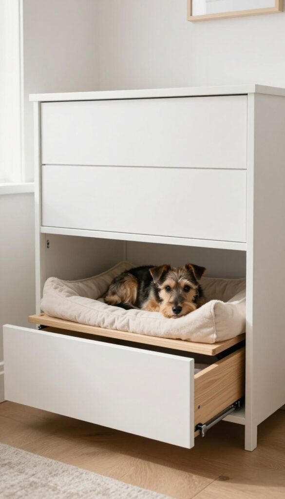 IKEA HEMNES dresser converted into a hidden dog crate with a pull-out bed and a small terrier mix resting inside.