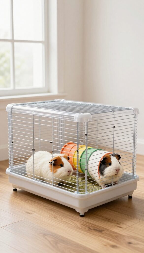A spacious guinea pig cage with clear plastic base and wire sides in a sunlit room, with two guinea pigs inside playing.