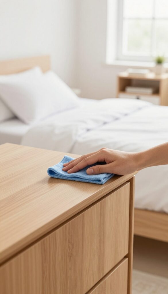Person wiping a dresser with a microfiber cloth in a bright, clean bedroom